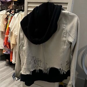 FREE PEOPLE distressed, hooded denim jacket, size small GREAT CONDITION